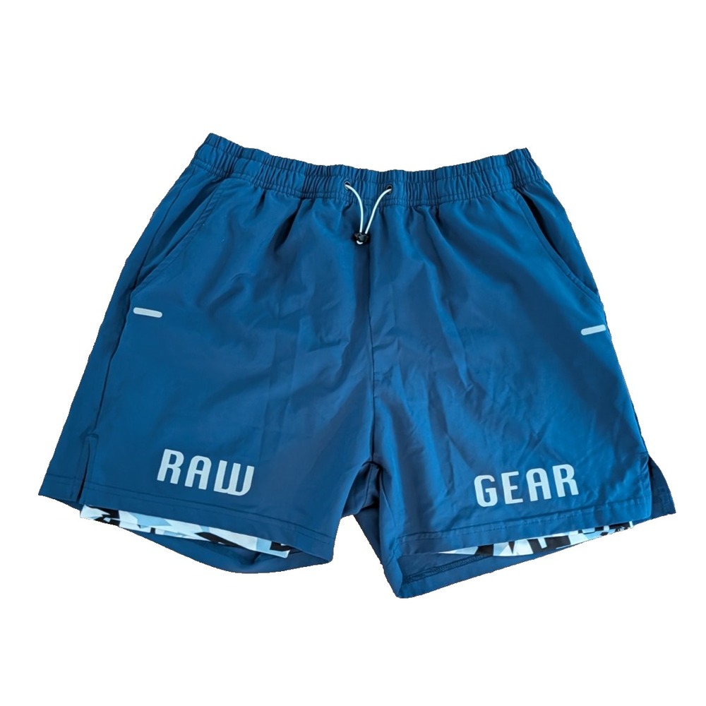 RAW GEAR Men's L 2-in-1 Athletic Shorts Blue Camo Compression Liner Pockets Gym